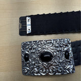 Vintage Silver Buckle Elastic Black Waist Belt With Scalloped Faux Leather Design For Women