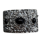 Vintage Silver Buckle Elastic Black Waist Belt With Scalloped Faux Leather Design For Women