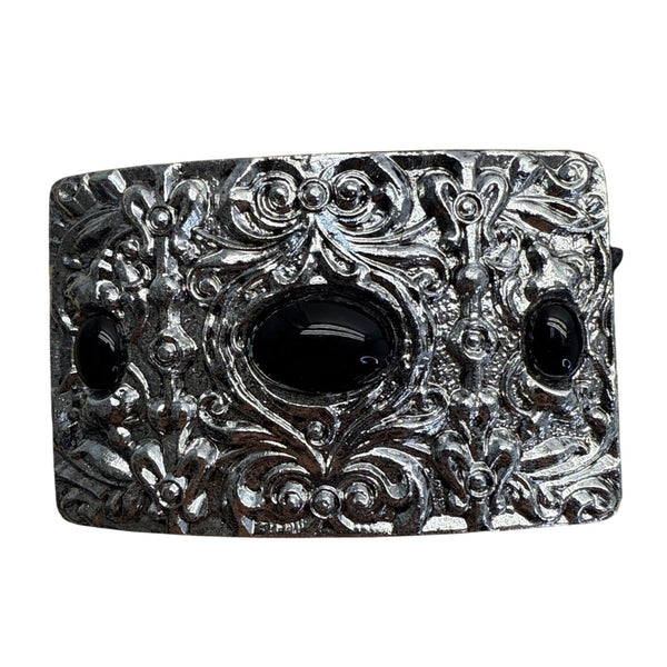 Vintage Silver Buckle Elastic Black Waist Belt With Scalloped Faux Leather Design For Women