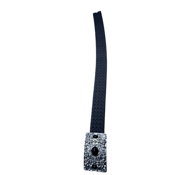 Vintage Silver Buckle Elastic Black Waist Belt With Scalloped Faux Leather Design For Women