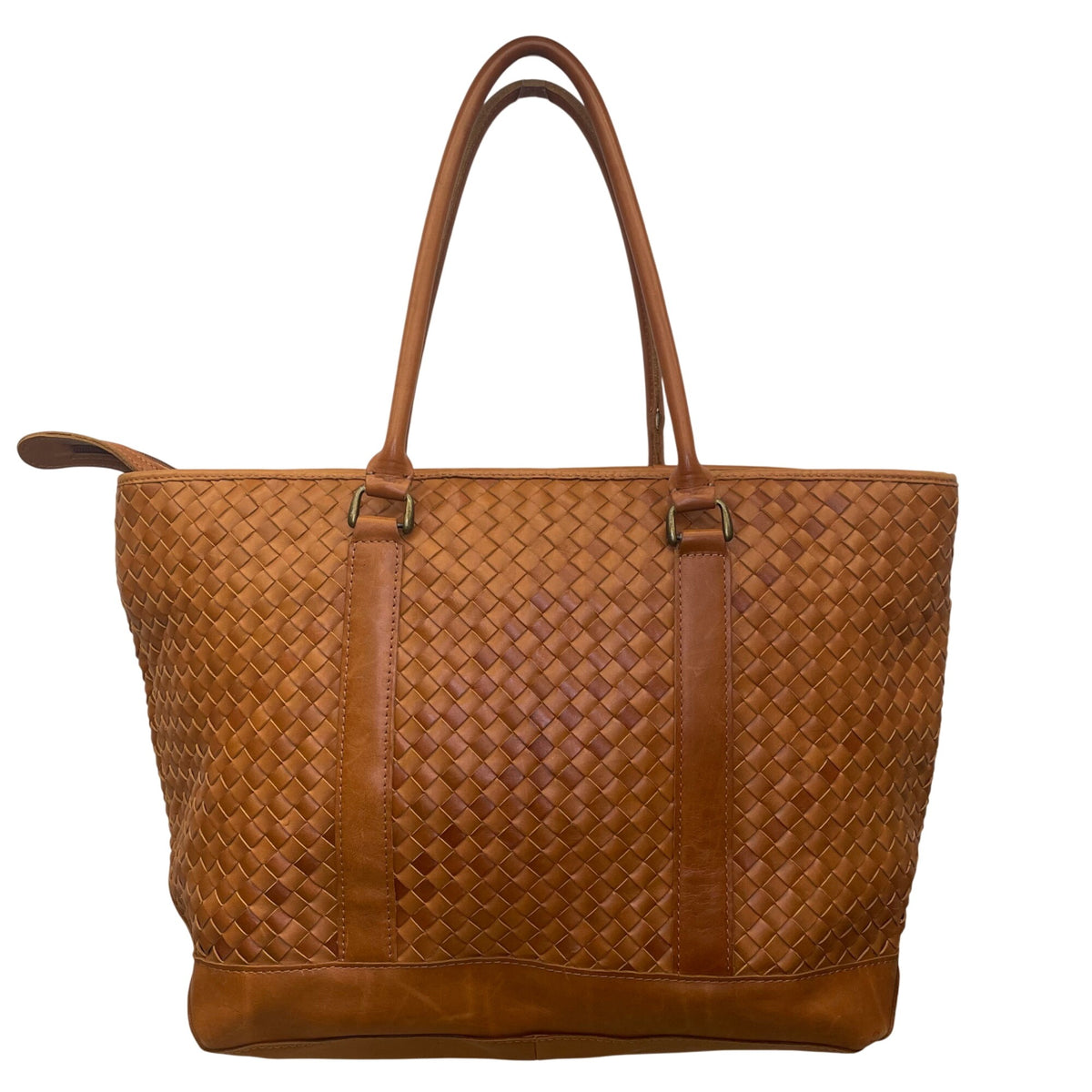 L.L. Bean Women’s Brown Leather Woven With Patterned Fabric Lining Tote Bag