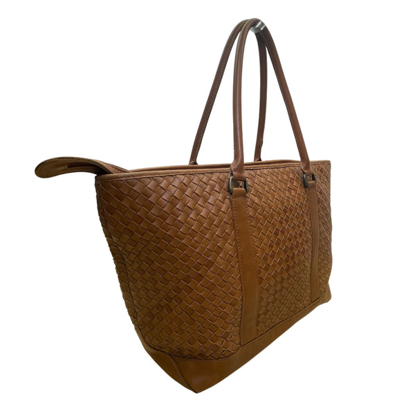 L.L. Bean Women’s Brown Leather Woven With Patterned Fabric Lining Tote Bag