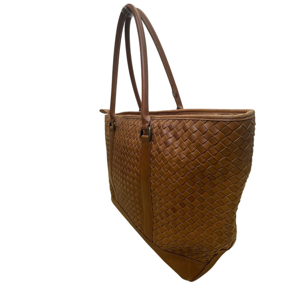 L.L. Bean Women’s Brown Leather Woven With Patterned Fabric Lining Tote Bag