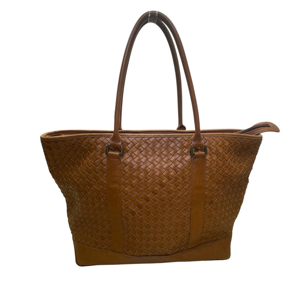 L.L. Bean Women’s Brown Leather Woven With Patterned Fabric Lining Tote Bag