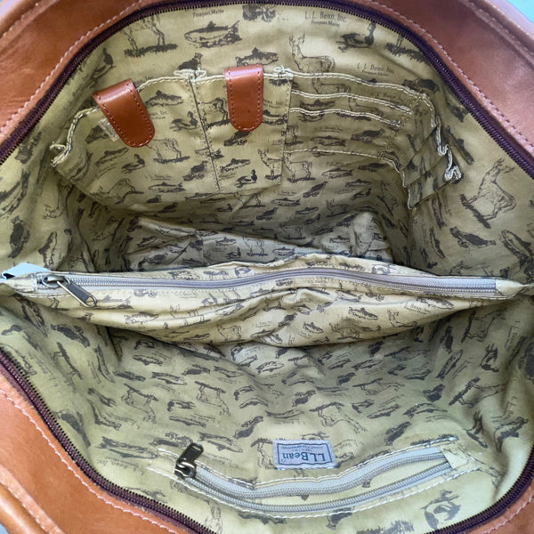 L.L. Bean Women’s Brown Leather Woven With Patterned Fabric Lining Tote Bag