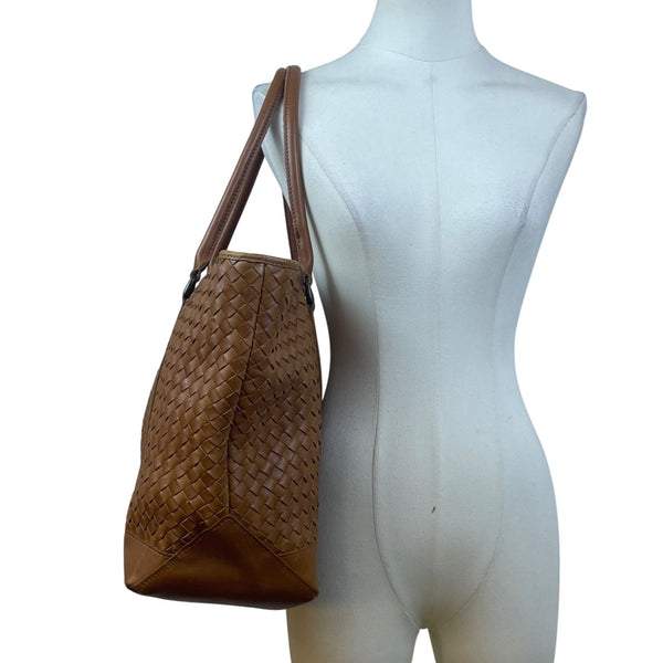 L.L. Bean Women’s Brown Leather Woven With Patterned Fabric Lining Tote Bag