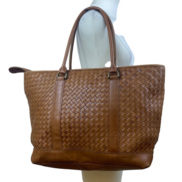 L.L. Bean Women’s Brown Leather Woven With Patterned Fabric Lining Tote Bag