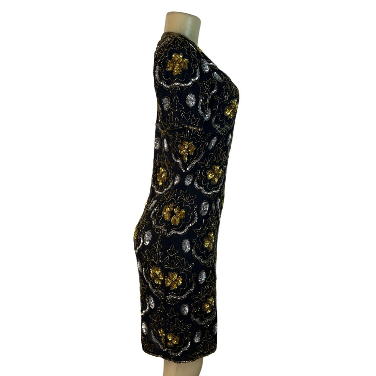 Adrianna Papell Black & Gold Beaded Silk Evening Dress With Keyhole Back