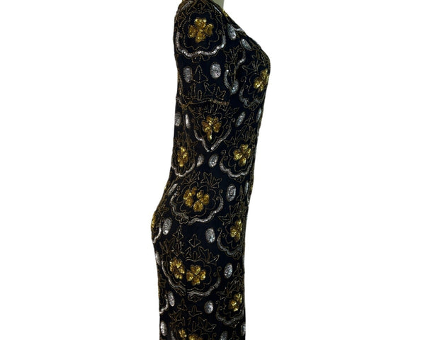 Adrianna Papell Black & Gold Beaded Silk Evening Dress With Keyhole Back