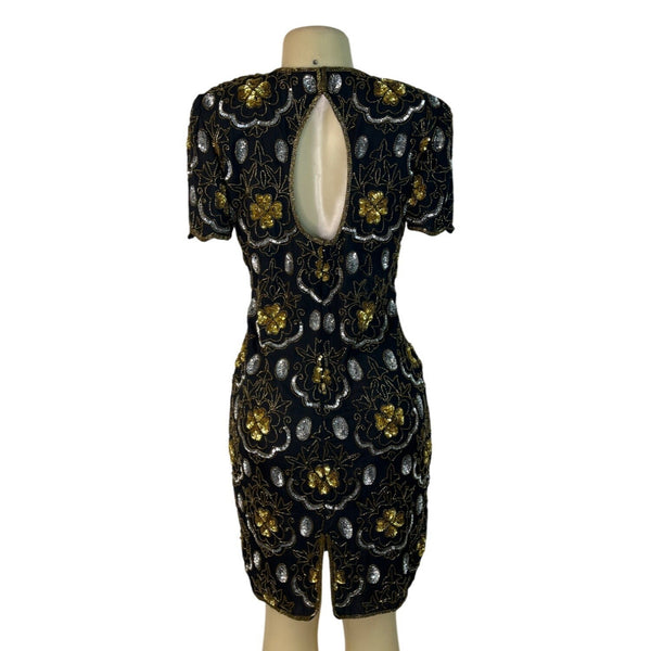 Adrianna Papell Black & Gold Beaded Silk Evening Dress With Keyhole Back