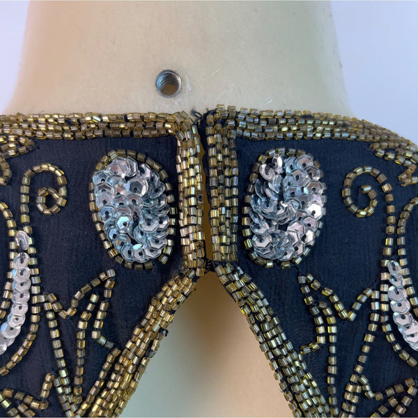 Adrianna Papell Black & Gold Beaded Silk Evening Dress With Keyhole Back