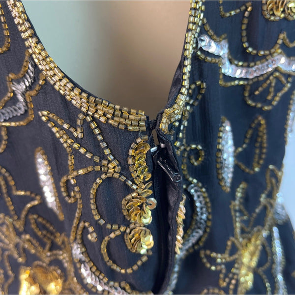 Adrianna Papell Black & Gold Beaded Silk Evening Dress With Keyhole Back