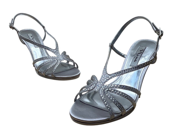 Nina Women’s Silver Jolie Strappy Rhinestone High Heel Sandals Size 8.5M