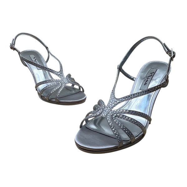 Nina Women’s Silver Jolie Strappy Rhinestone High Heel Sandals Size 8.5M