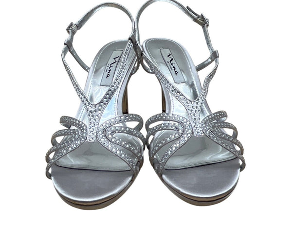 Nina Women’s Silver Jolie Strappy Rhinestone High Heel Sandals Size 8.5M