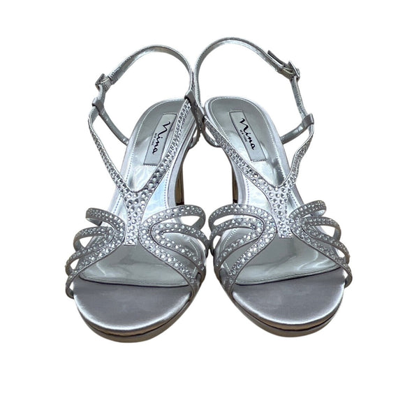 Nina Women’s Silver Jolie Strappy Rhinestone High Heel Sandals Size 8.5M