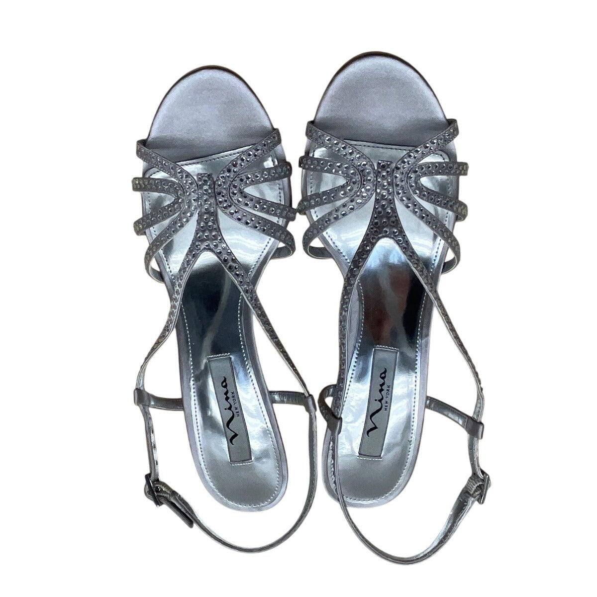 Nina Women’s Silver Jolie Strappy Rhinestone High Heel Sandals Size 8.5M