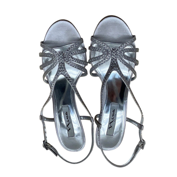 Nina Women’s Silver Jolie Strappy Rhinestone High Heel Sandals Size 8.5M