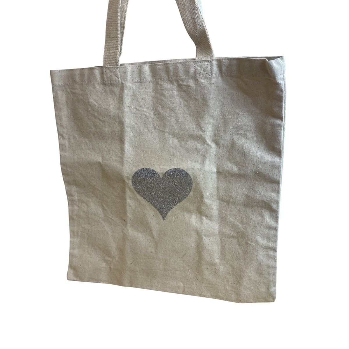 TBF Natural Cotton Reusable Tote Bag Beige Glitter Heart Print Made In Pakistan 15"x16"