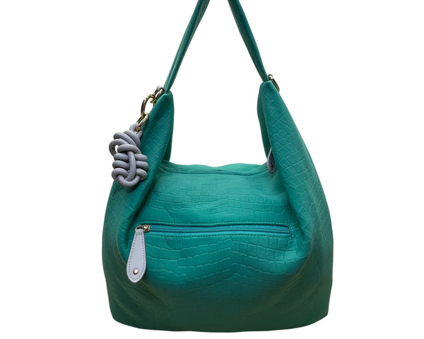 Sondra Roberts Women’s Green Aqua Croc-Embossed W Knot Detail Satchel Hobo Bag