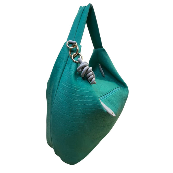 Sondra Roberts Women’s Green Aqua Croc-Embossed W Knot Detail Satchel Hobo Bag