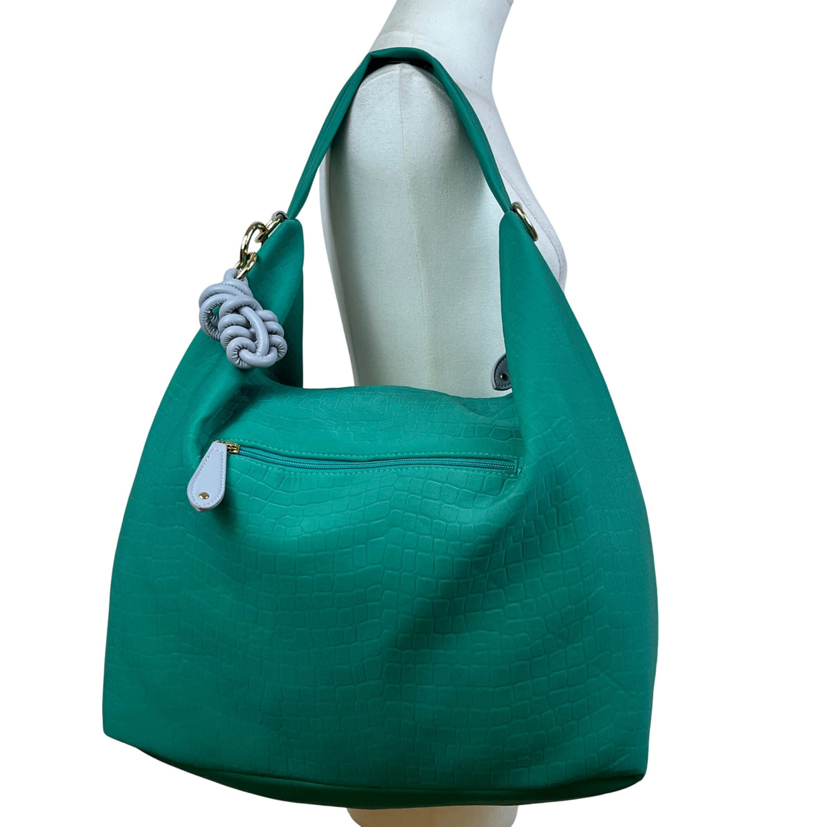 Sondra Roberts Women’s Green Aqua Croc-Embossed W Knot Detail Satchel Hobo Bag