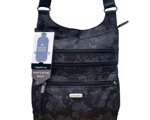 Baggallini Black Floral Design Adjustable Strap Zippered RFID Crossbody Bag Sz M