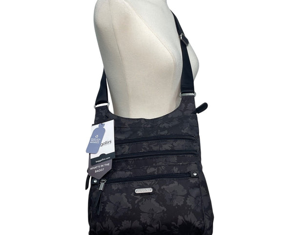 Baggallini Black Floral Design Adjustable Strap Zippered RFID Crossbody Bag Sz M
