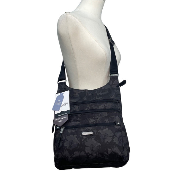 Baggallini Black Floral Design Adjustable Strap Zippered RFID Crossbody Bag Sz M