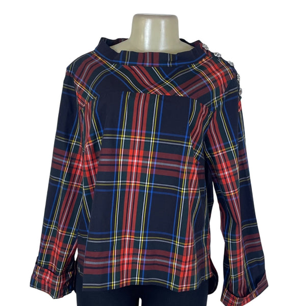 J.Crew Womens Multicolor Plaid Cotton Blouse Rhinestone Trim Long Sleeve Size 12