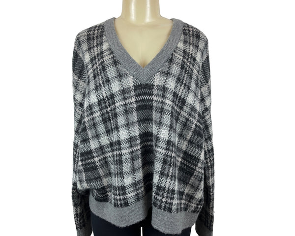 Banana Republic Women's Grey & Black Grid Cropped Plaid V Neck Sweater Sz M