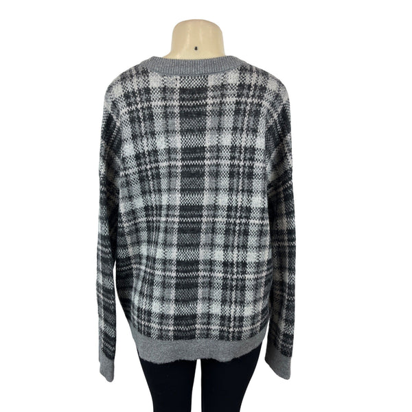 Banana Republic Women's Grey & Black Grid Cropped Plaid V Neck Sweater Sz M