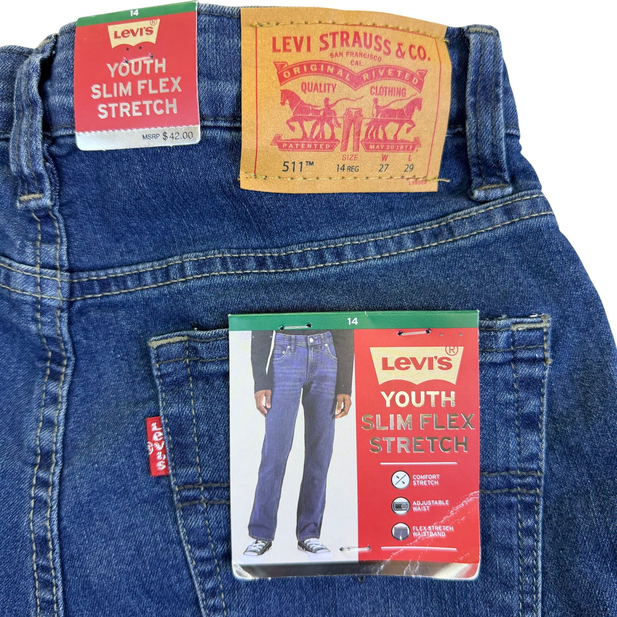 Levi’s Youth Blue Slim Flex Stretch Jeans Adjustable Waistband Size 14 - New