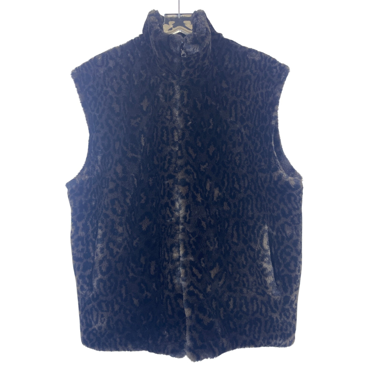 Leopard Print Faux Fur Womens Brown Sleeveless Vest Zip Front Plush Warm Outerwear