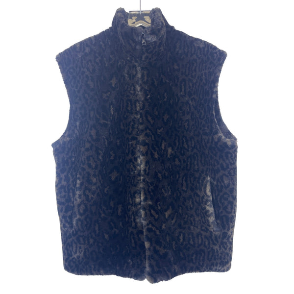 Leopard Print Faux Fur Womens Brown Sleeveless Vest Zip Front Plush Warm Outerwear