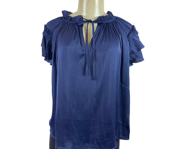 Catherine Malandrino Women Navy Ruffle Sleeve Blouse With Tie Neck Detail Sz S/P