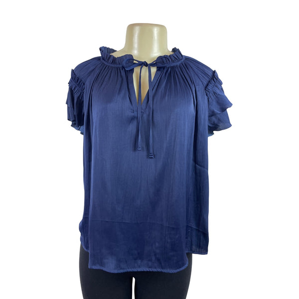 Catherine Malandrino Women Navy Ruffle Sleeve Blouse With Tie Neck Detail Sz S/P