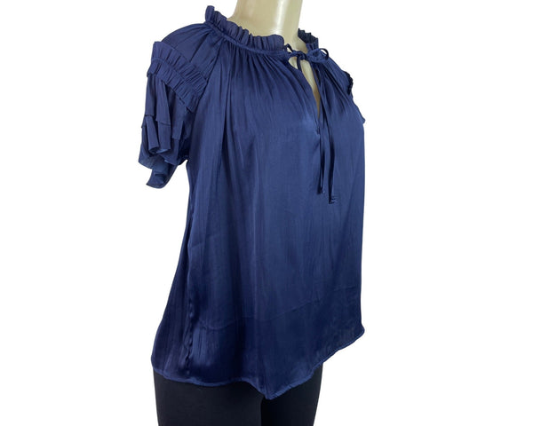 Catherine Malandrino Women Navy Ruffle Sleeve Blouse With Tie Neck Detail Sz S/P