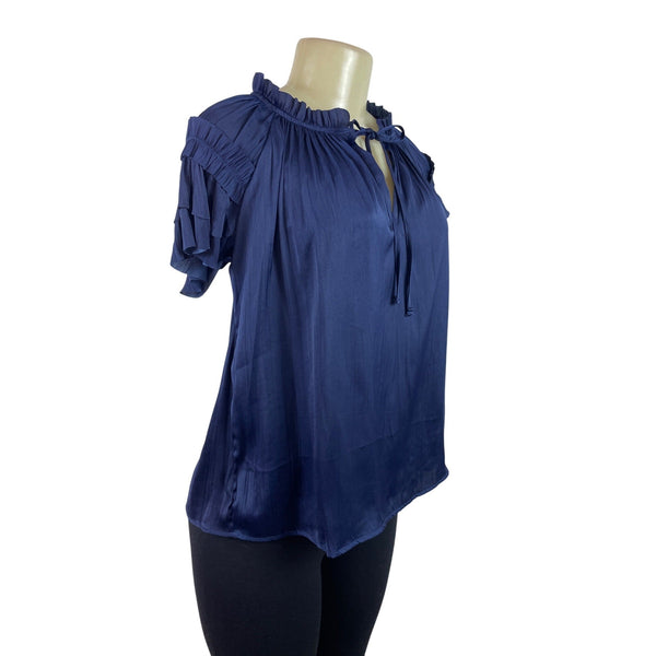 Catherine Malandrino Women Navy Ruffle Sleeve Blouse With Tie Neck Detail Sz S/P