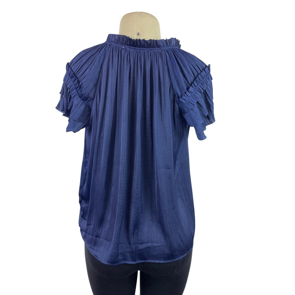Catherine Malandrino Women Navy Ruffle Sleeve Blouse With Tie Neck Detail Sz S/P
