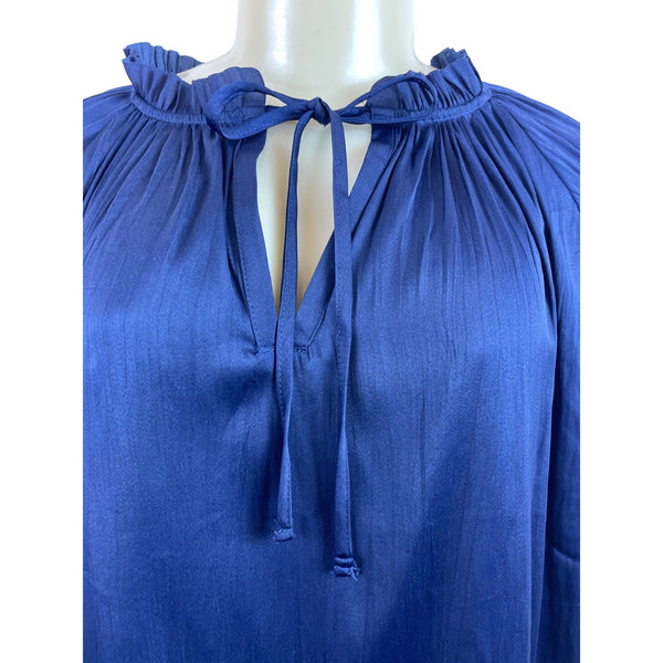 Catherine Malandrino Women Navy Ruffle Sleeve Blouse With Tie Neck Detail Sz S/P