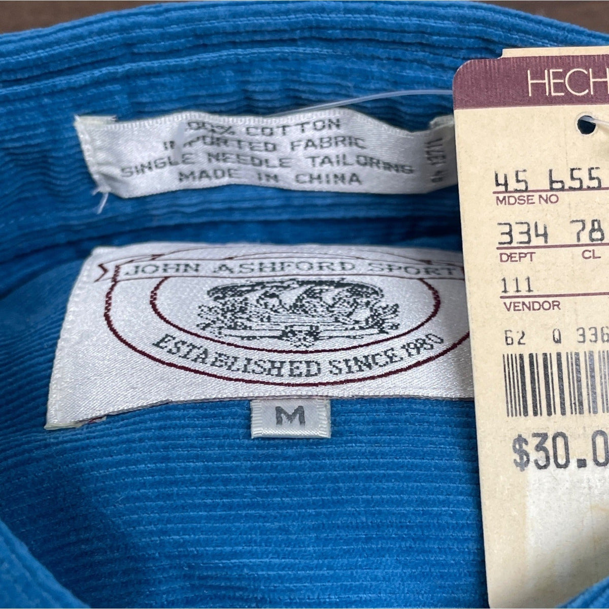 John Ashford Sport Blue Corduroy Button-Down Long Sleeve Shirt Size M - New
