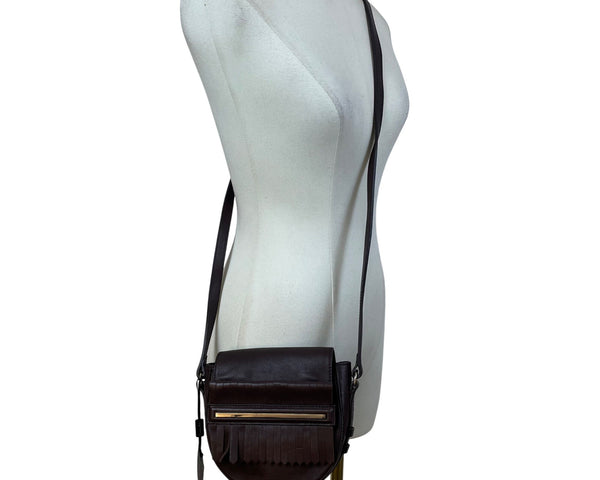 Massimo Dutti Women’s Brown Leather Fringe Flap Adjustable Strap Crossbody Bag