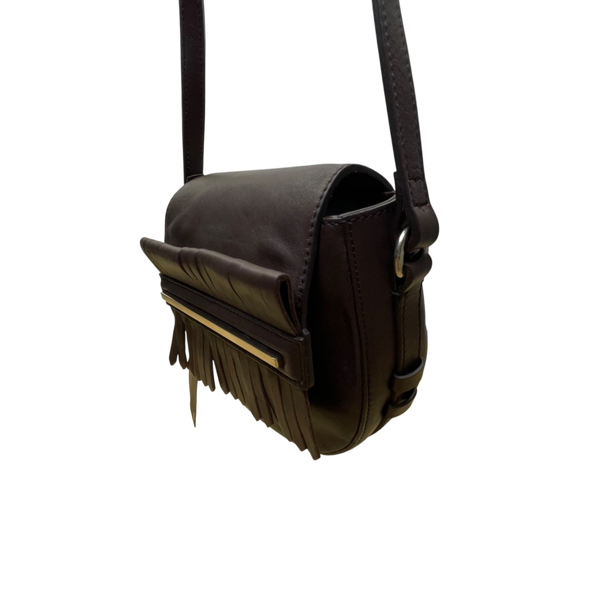 Massimo Dutti Women’s Brown Leather Fringe Flap Adjustable Strap Crossbody Bag