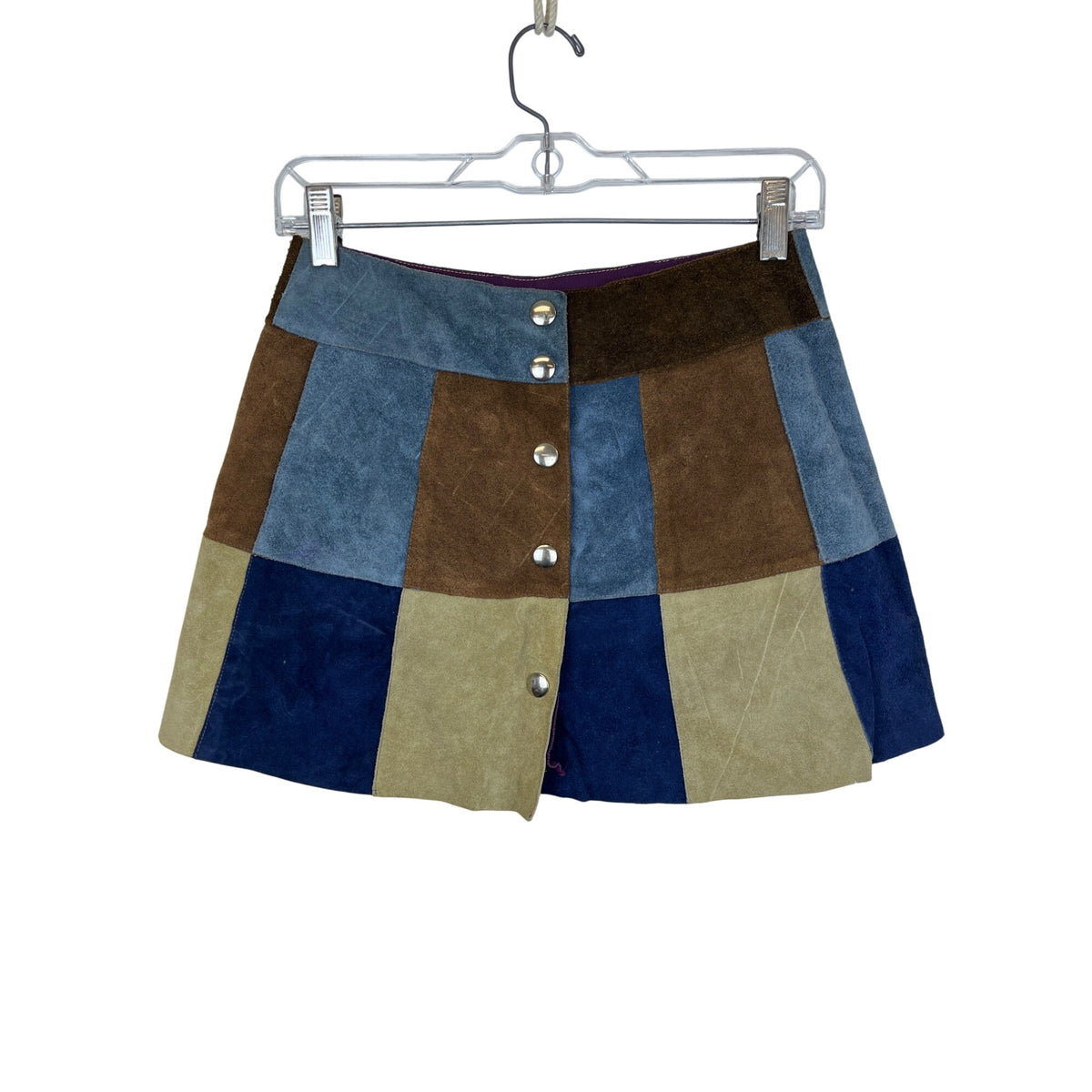 Patchwork Suede Mini Skirt Womens Multicolor Button Front Boho Fall Style