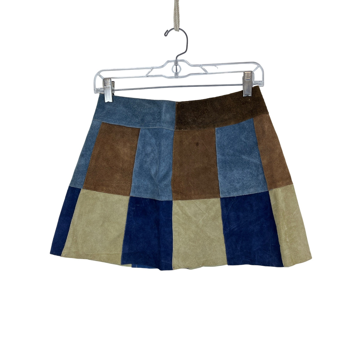 Patchwork Suede Mini Skirt Womens Multicolor Button Front Boho Fall Style