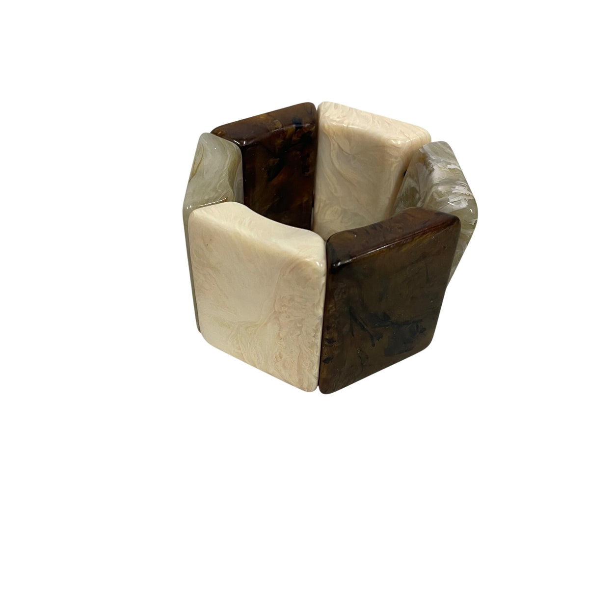 Chunky Retro Resin Bracelet Gender Neutral Brown & Cream Marbled Design Stretch Band OS