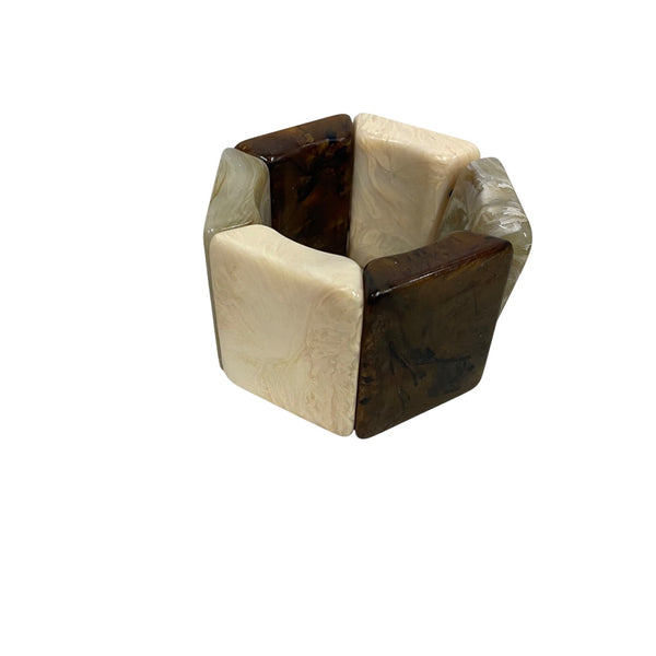 Chunky Retro Resin Bracelet Gender Neutral Brown & Cream Marbled Design Stretch Band OS