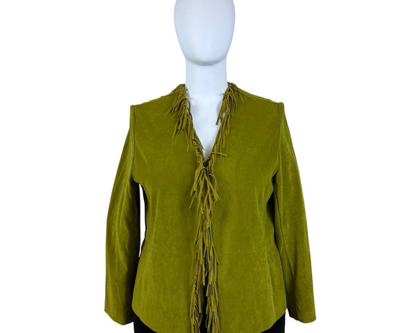 Nortonmcnaughton Womens Green Fringe Open Front Jacket Western Boho Style Sz 18