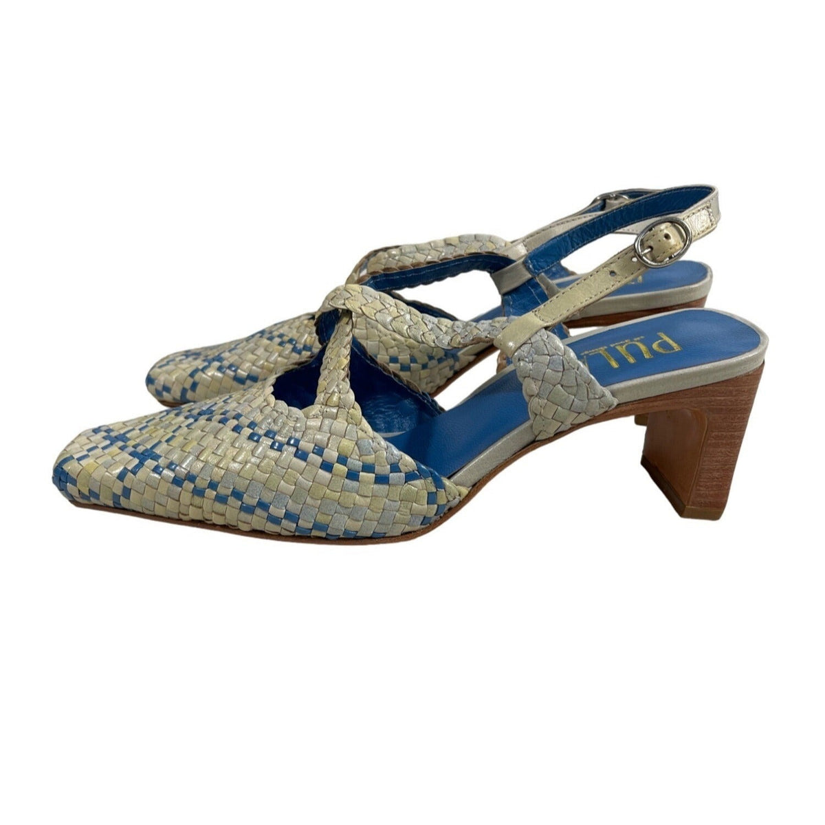 Pula Women’s Yellow Blue Squared Toe Heeled Sandals Sz 6B